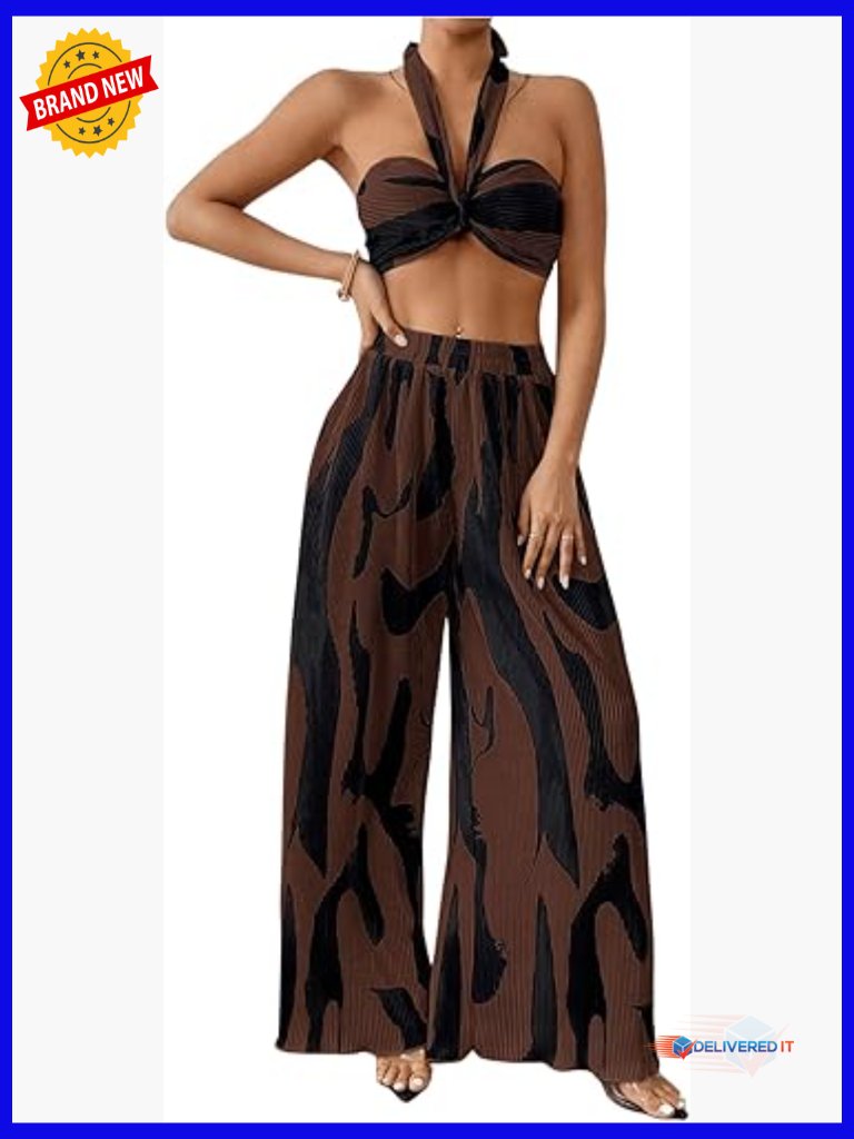 Graphic Knit Crop Halter Top & Wide Leg Pants Set Two Piece Vacation Outfit